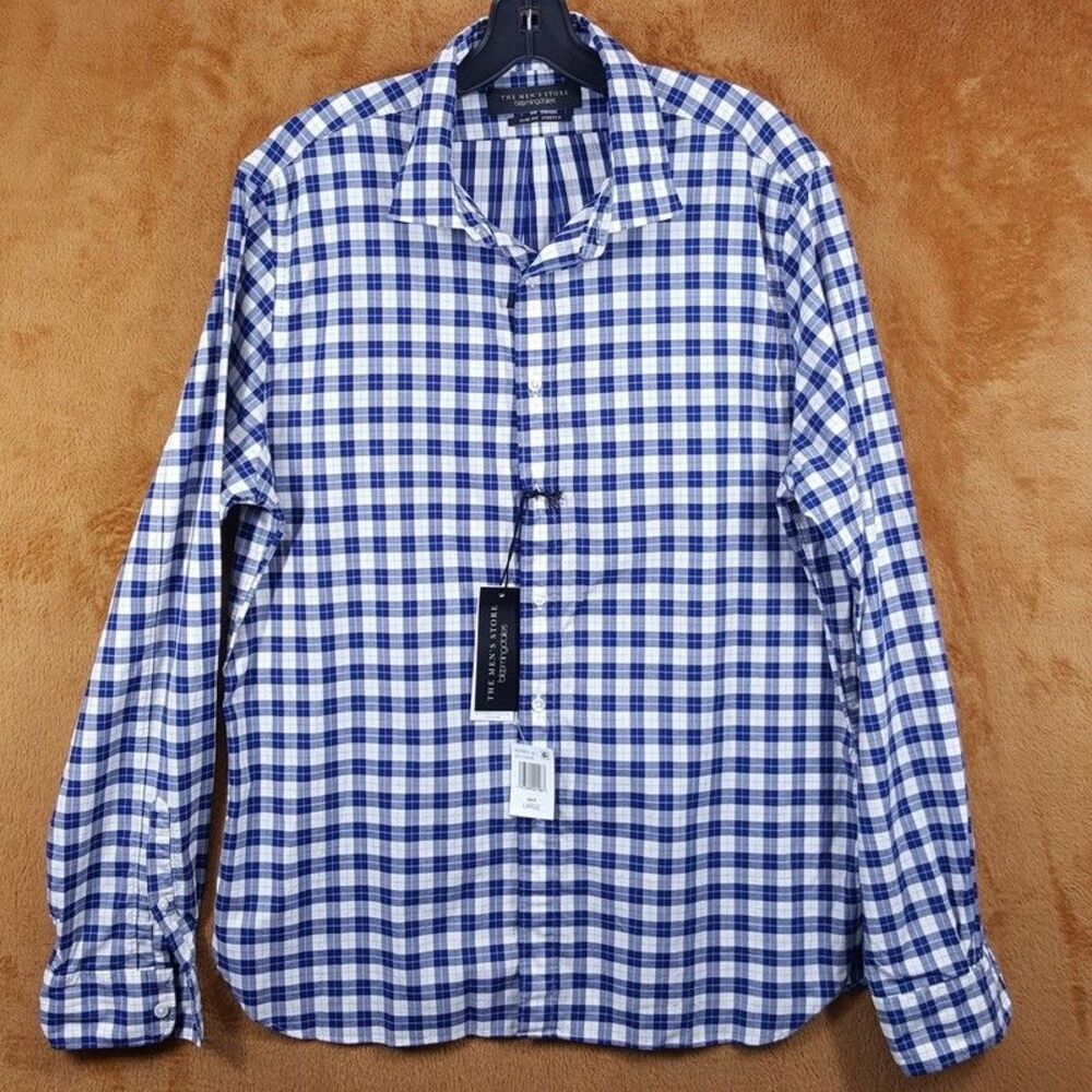BLOOMINGDALES Shirt Mens Large Blue Plaid Button Up Slim Fit Gingham Cotton